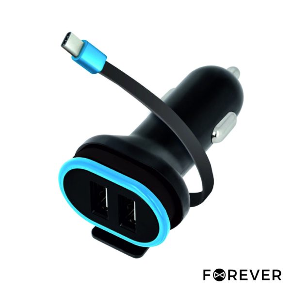 Adaptador Isqueiro 2xUSB E 1 Cabo USB-C 3a FOREVER - (CC-02USBC/3A)