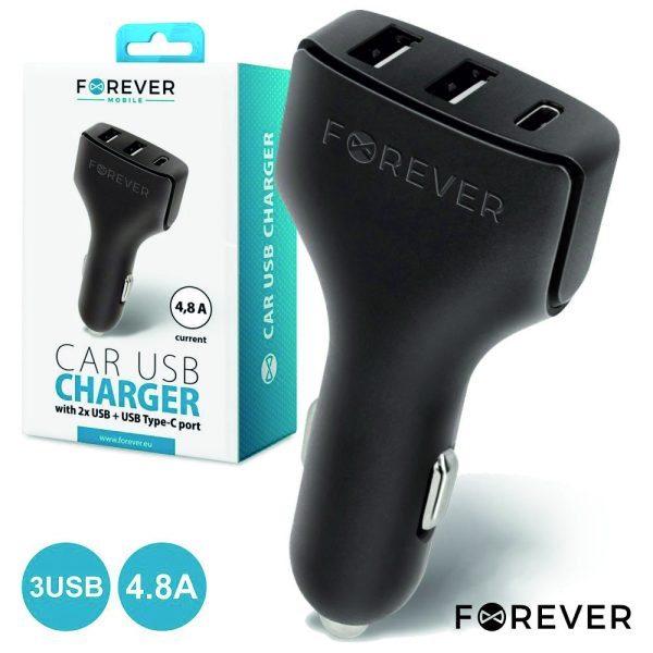 Adaptador Isqueiro 2xUSB E 1xUSB-C 4.8a FOREVER - (CC-05USB2/1C)