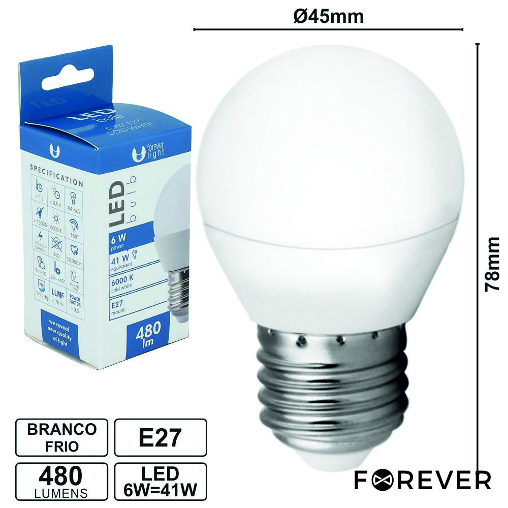 Lâmpada E27 6W=41W 230V LEDS SMD Globo Branco Frio 480lm - (LLE27G06CWA(F))