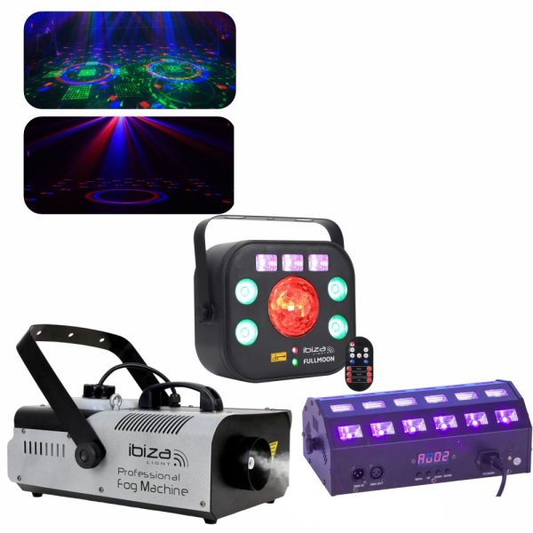 Barra LEDs UV Projetor 5 em 1 e Máquina de Fumos DMX 1200W - (PARTY-SET-09)