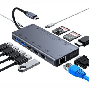 Hub USB-C P/ USB-C/5xUSB/VGA/HDMI/Jack3.5mm/ RJ45/2xCartões - (PK-USBC-13IN1)