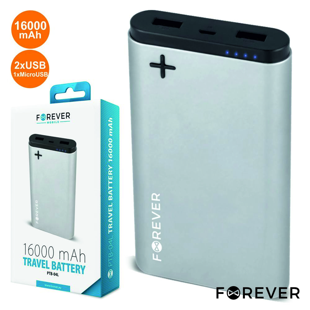 PoWerbank 16000ma C/ Ficha Micro USB 2USB Prateado - (PTB-04L)