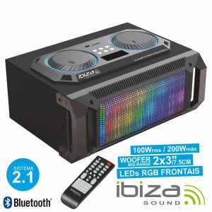 Sistema Som Portátil 2.1 200Wmáx USB/BT/FM/Rec LEDS IBIZA - (SPLBOX150)