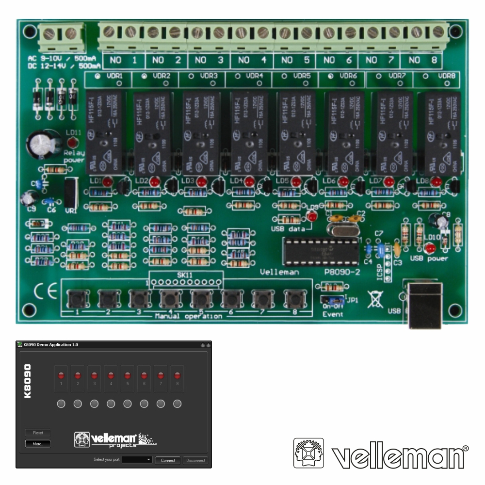Placa USB Relé De 8 Canais VELLEMAN - (VM8090)