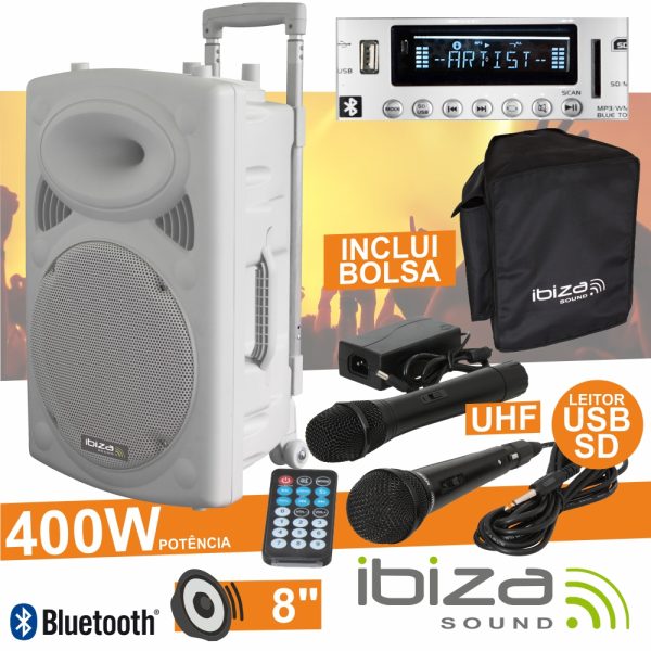 Coluna Amplificada 8" 400W USB/BT/SD/Bat Uhf Branco IBIZA - (PORT8UHF-BT-WH)