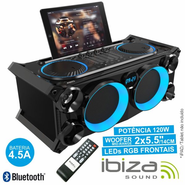Sistema Som Portátil Preta120Wmáx USB/BT/FM LEDS IBIZA - (SPLBOX200-BK)