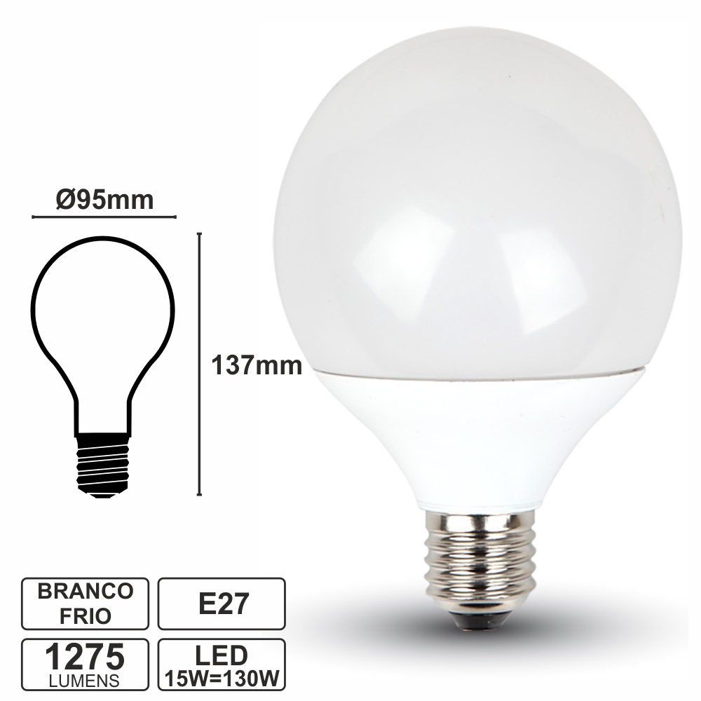 Lâmpada E27 15W=130W 230V LEDS Globo Branco Frio 1275lm - (LLE27G15CW(E))