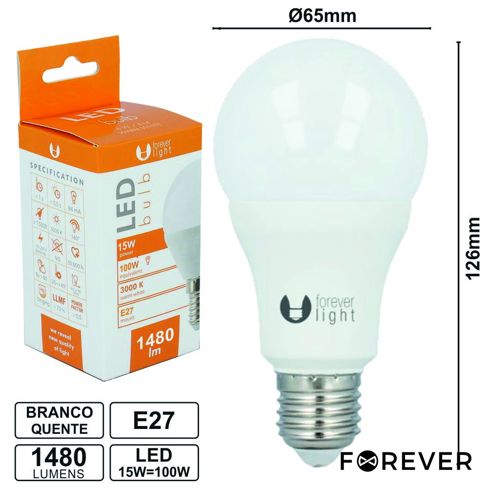 Lâmpada LED E27 Globo A65 15W 230V 3000k 1480lm - (LLE27G15WWO(F))