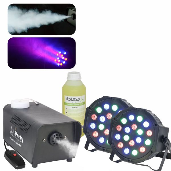 2x Projetor PAR 18 LEDS Máquina De Fumos 400W e Líquido Fumo - (PARTY-SET-05)