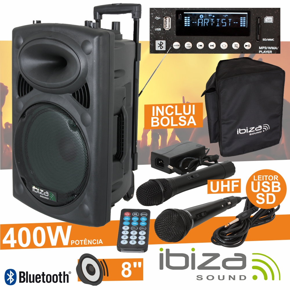 Coluna Amplificada 8" 400W USB/BT/SD/Bat Uhf Preta IBIZA - (PORT8UHF-BT)