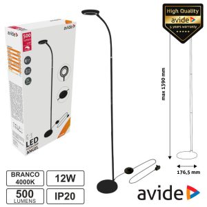 Candeeiro de Pé LED 12W 4000K 500lm Preto IP20 AVIDE - (ABLFL-12W-ANGEL-B)
