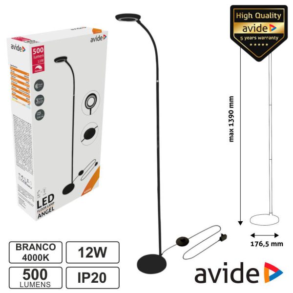 Candeeiro de Pé LED 12W 4000K 500lm Preto IP20 AVIDE - (ABLFL-12W-ANGEL-B)