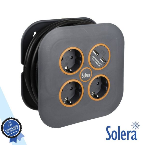 Extensão Elétrica C/ Enrolador 3x Schuko 2x USB-A 5m SOLERA - (SLR-7321USB)