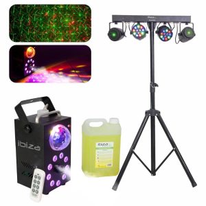 Máq. Fumo Astro Suporte C/ 2x PAR / 2x Laser e Líquido Fumo - (PARTY-SET-07)