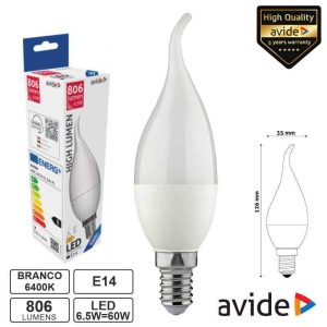 Lâmpada LED E14 Vela 6.5W 230V 6400K 806lm AVIDE - (ABC14CW-6.5W-FL)