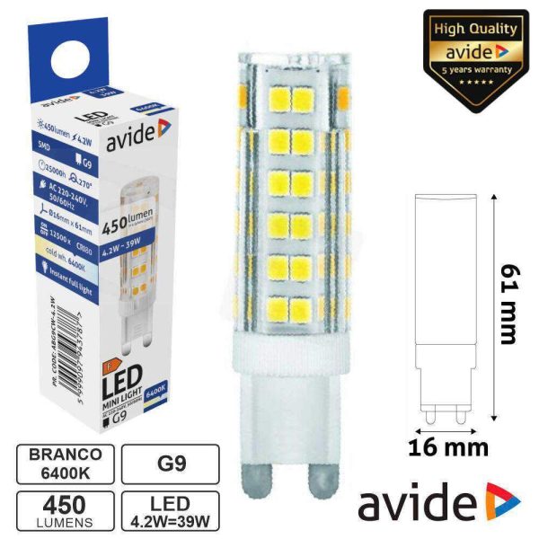Lâmpada LED G9 4.2W 230V 6400K 450lm AVIDE - (ABG9CW-4.2W)