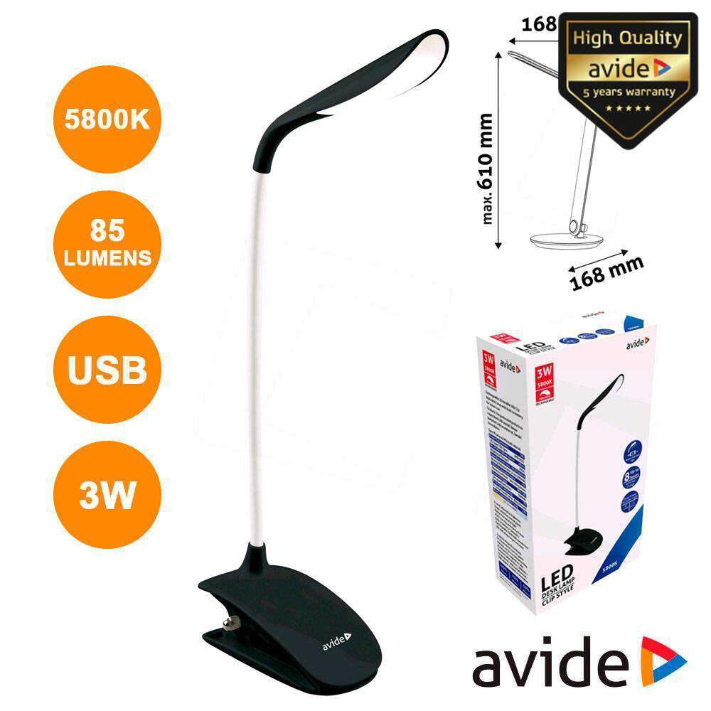 Candeeiro Secretária LED 3W 5800K C/ Mola 85lm AVIDE - (ABLDL-CLIP-3W-BL)