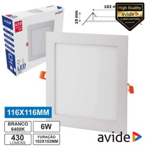 Painel LEDS Quadrado 6W 116mm 6400k 430lm AVIDE - (ACRPCW-S-6W-ALU)