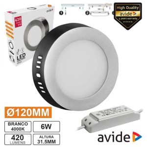 Painel LEDS Redondo Superfície 6W 120mm 4000K 420lm AVIDE - (ACSMNW-R-6W-ALU-SN)