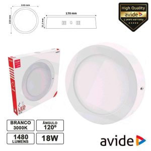 Painel LEDS Redondo Superfície 18W 220mm 3000k 1480lm AVIDE - (ACSMWW-R-18W-ALU)