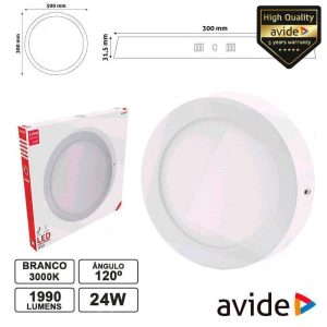 Painel LEDS Redondo Superfície 24W 300mm 3000k 1990lm AVIDE - (ACSMWW-R-24W-ALU)