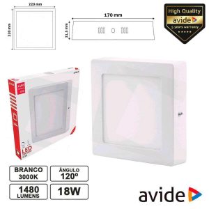 Painel LEDS Quadrado Superfície 18W 220mm 3000k 1480lm AVIDE - (ACSMWW-S-18W-ALU)