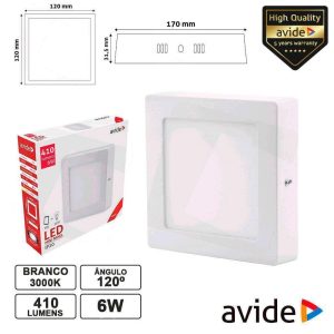Painel LEDS Quadrado Superfície 6W 120mm 3000k 410lm AVIDE - (ACSMWW-S-6W-ALU)