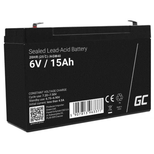 Bateria Chumbo Gel AGM 6V 15A GREEN CELL - (AGM40)