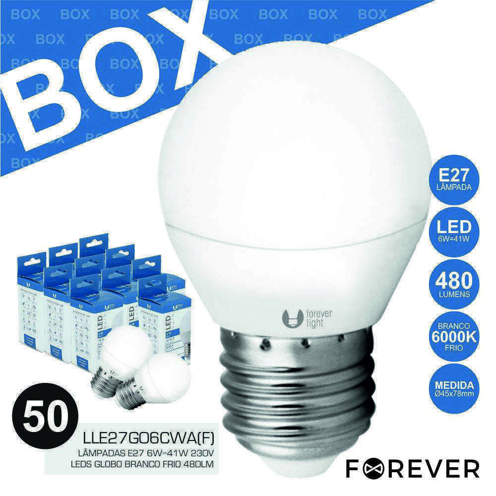 Box 50 Lâmpadas E27 6W=41W 230V LEDS Branco Frio 480lm - (BOXLLE27G06CWA50-F)