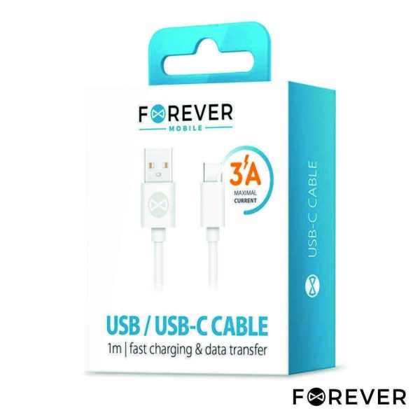 Cabo USB-A 2.0 3A Macho / USB-C Branco 1m FOREVER - Image 2