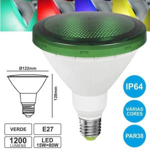 Lâmpada E27 15W=80W 230V LED Par38 Verde Ip64 1200lm - (EL-727)