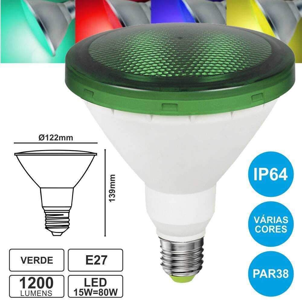 Lâmpada E27 15W=80W 230V LED Par38 Verde Ip64 1200lm - (EL-727)