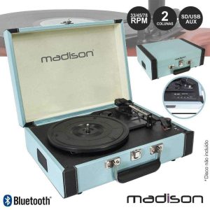 Gira-Discos 33/45/78RPM Retro BT/USB/SD/Rec Azul Madison - (MAD-RETROCASE-BLU)
