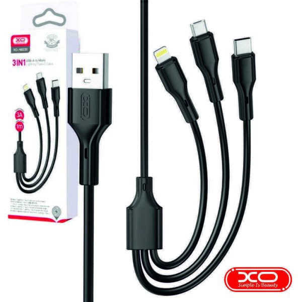 Cabo USB-A Macho P/ MicroUSB/ Lightning/ USB-C 100W 1m XO - (NB230-3IN1-BK)