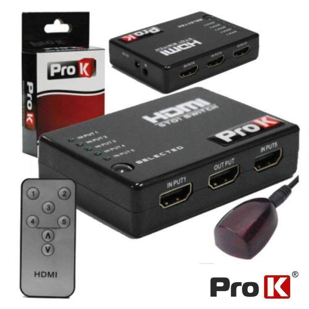 Distribuidor HDMI Amplificado 5 Entradas 1 Saída IR PROK - (PK-HDMI5E1SIR)