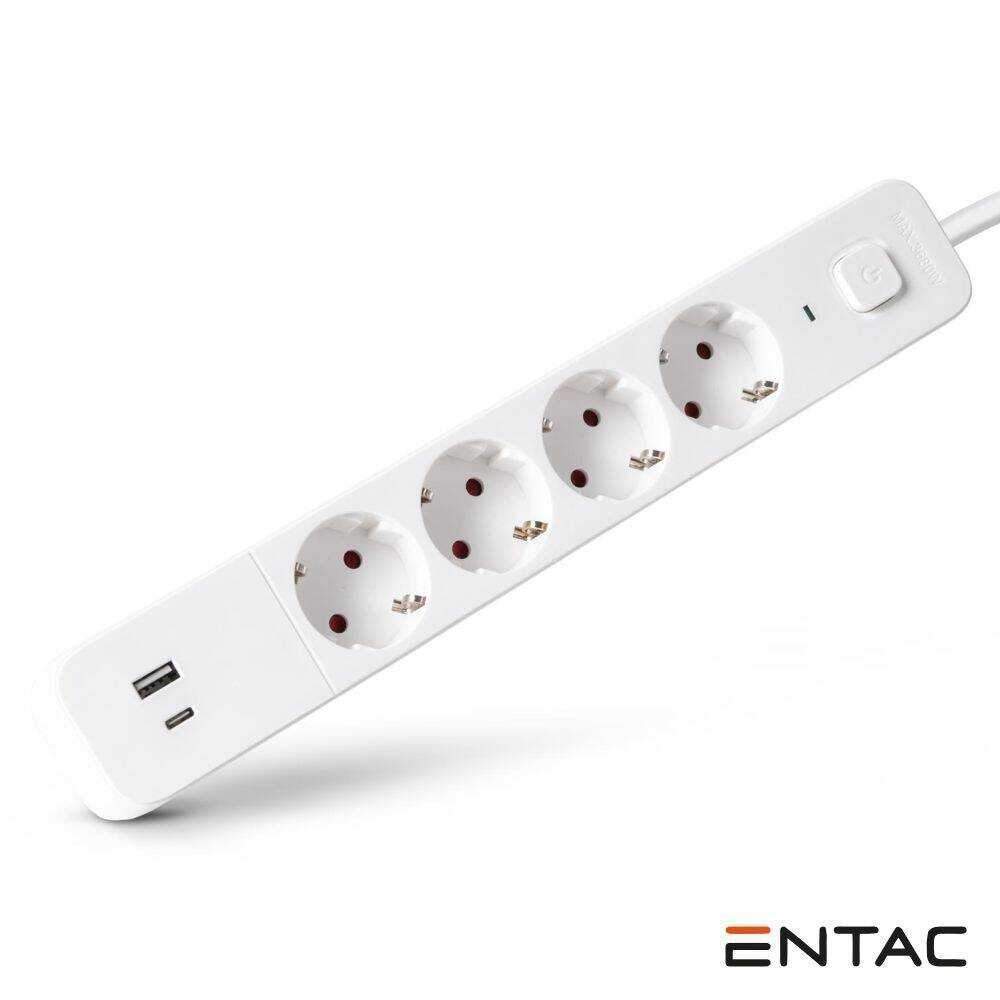 Extensão Elétrica 4x Schuko +2 USB C/ Interruptor 1.5m ENTAC - (ESES1.5G4-1.5-SW-1)