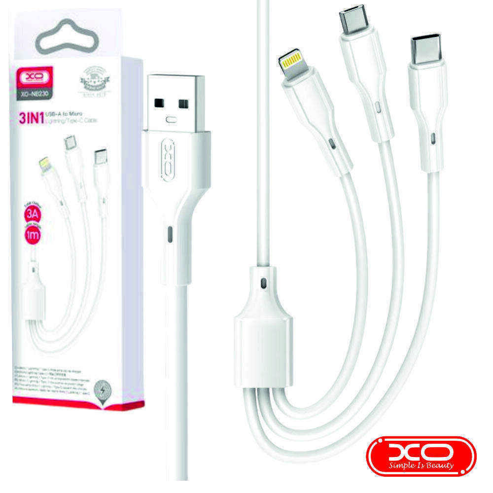 Cabo USB-A Macho P/ MicroUSB/ Lightning/ USB-C 100W 1m XO - (NB230-3IN1-WH)