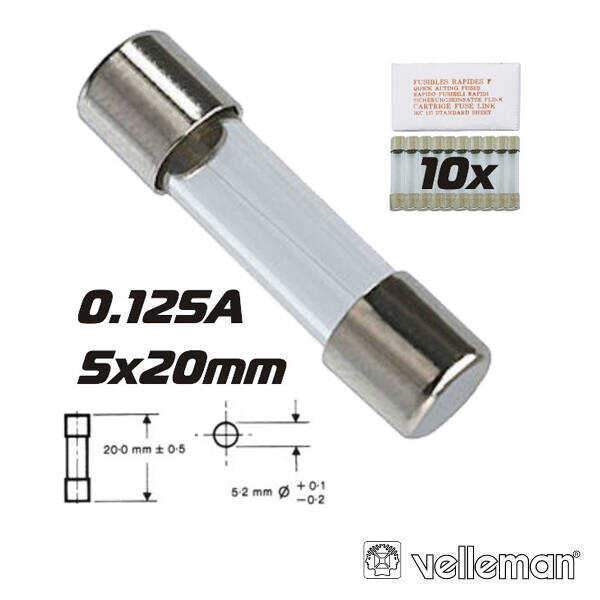 Fusível 5x20 Fusão Lenta 0.125a (10X) VELLEMAN - (FU0.125N)