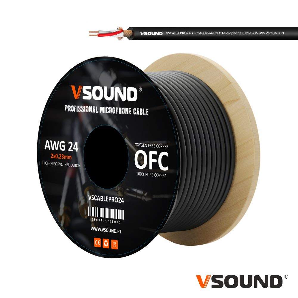 Cabo Microfone Profissional 2 Condutores e Malha OFC VSOUND - (VSCABLEPRO24)