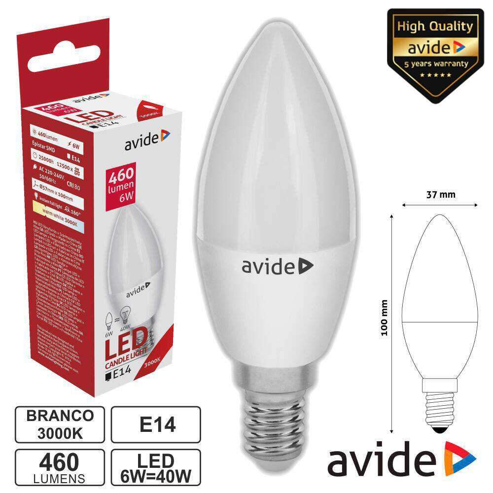 Lâmpada LED E14 Vela 6W 230V 3000K 460lm AVIDE - (ABC14WW-6W)