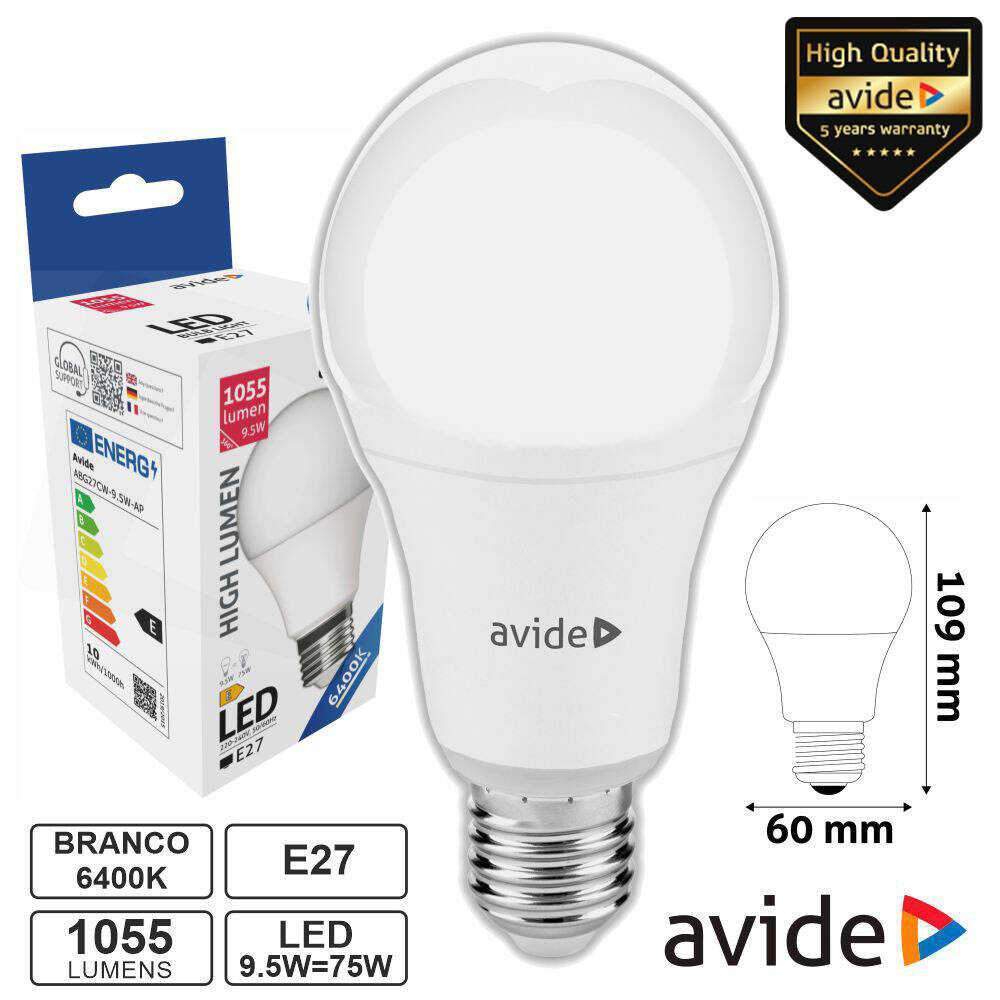 Lâmpada LED E27 Globo A60 9.5W 230V 6400K 1055lm AVIDE - (ABG27CW-9.5W-AP)