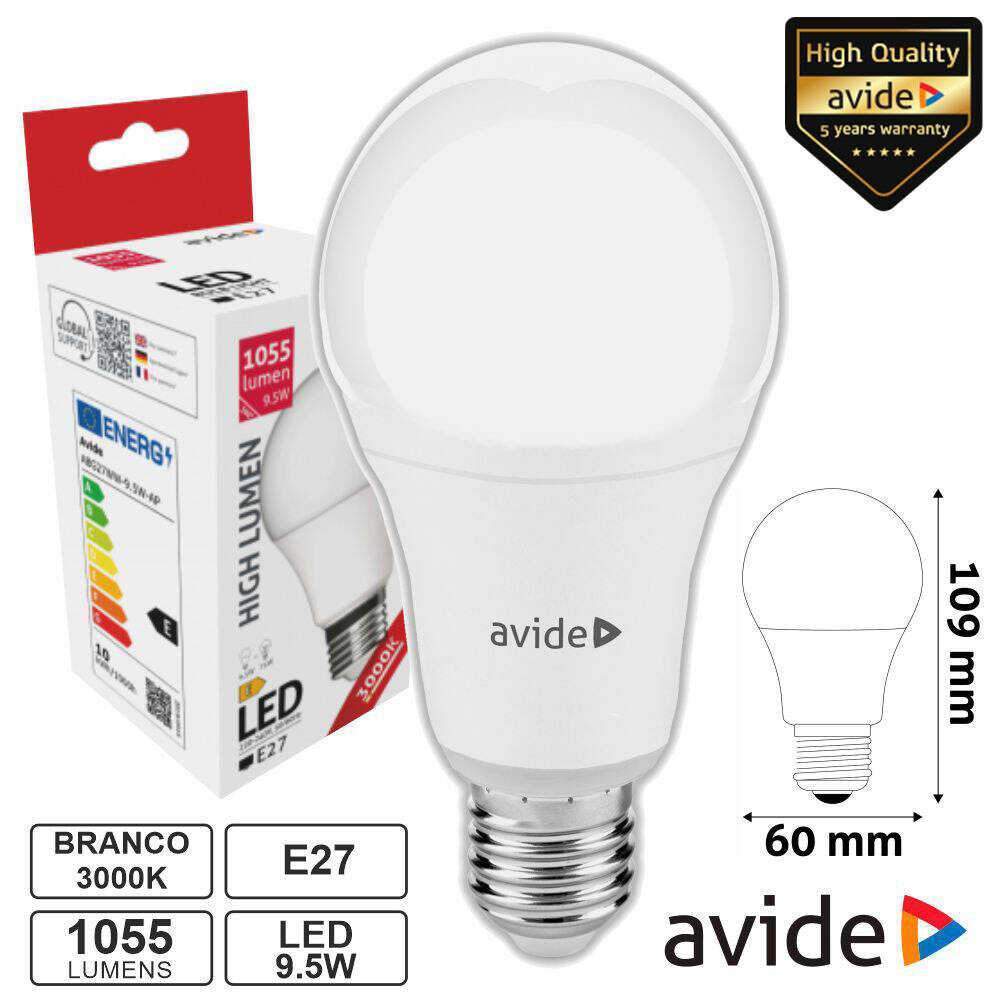 Lâmpada LED E27 Globo A60 9.5W 230V 3000K 1055lm AVIDE - (ABG27WW-9.5W-AP)