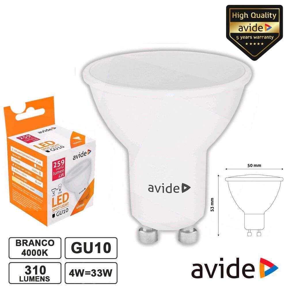 Lâmpada LED GU10 Spot 4W 230V 4000k 345lm AVIDE - (ABGU10NW-4W-AP)