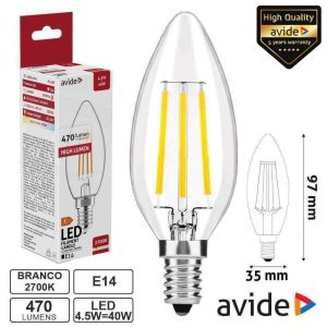 Lâmpada LED E14 Vela Filamento 4.5W 230V 2700K 470lm AVIDE - (ABLFC14WW-4.5W)