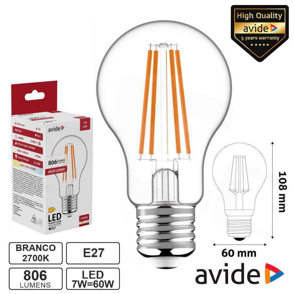 Lâmpada LED E27 Globo Filamento 7W 230V 2700K 806lm AVIDE - (ABLFG27WW-7W)