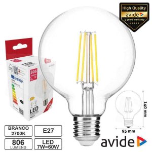 Lâmpada LED E27 Globo Filamento 7W 230V 2700K 806lm AVIDE - (ABLFG95WW-7W)