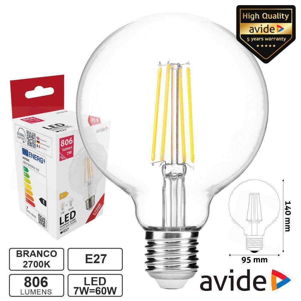 Lâmpada LED E27 Globo Filamento 7W 230V 2700K 806lm AVIDE - (ABLFG95WW-7W)