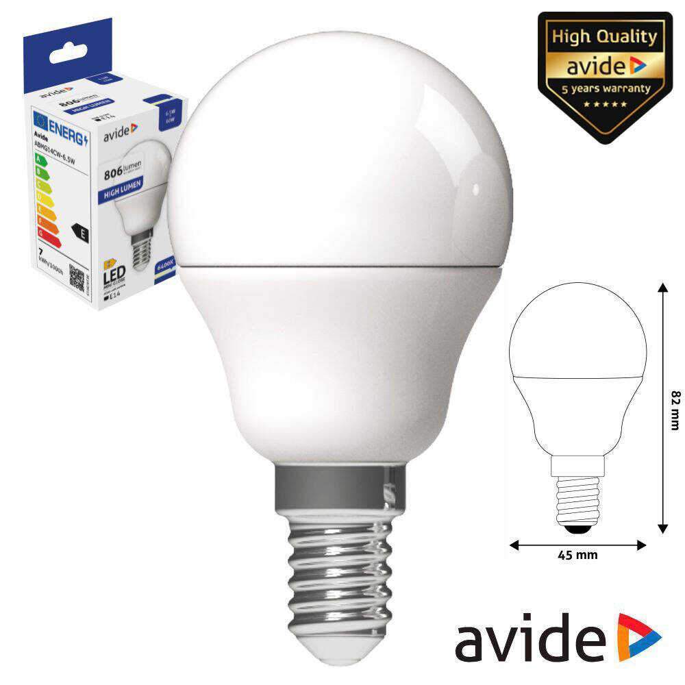 Lâmpada LED E14 Globo G45 6.5W 230V 6400K 806lm AVIDE - (ABMG14CW-6.5W)