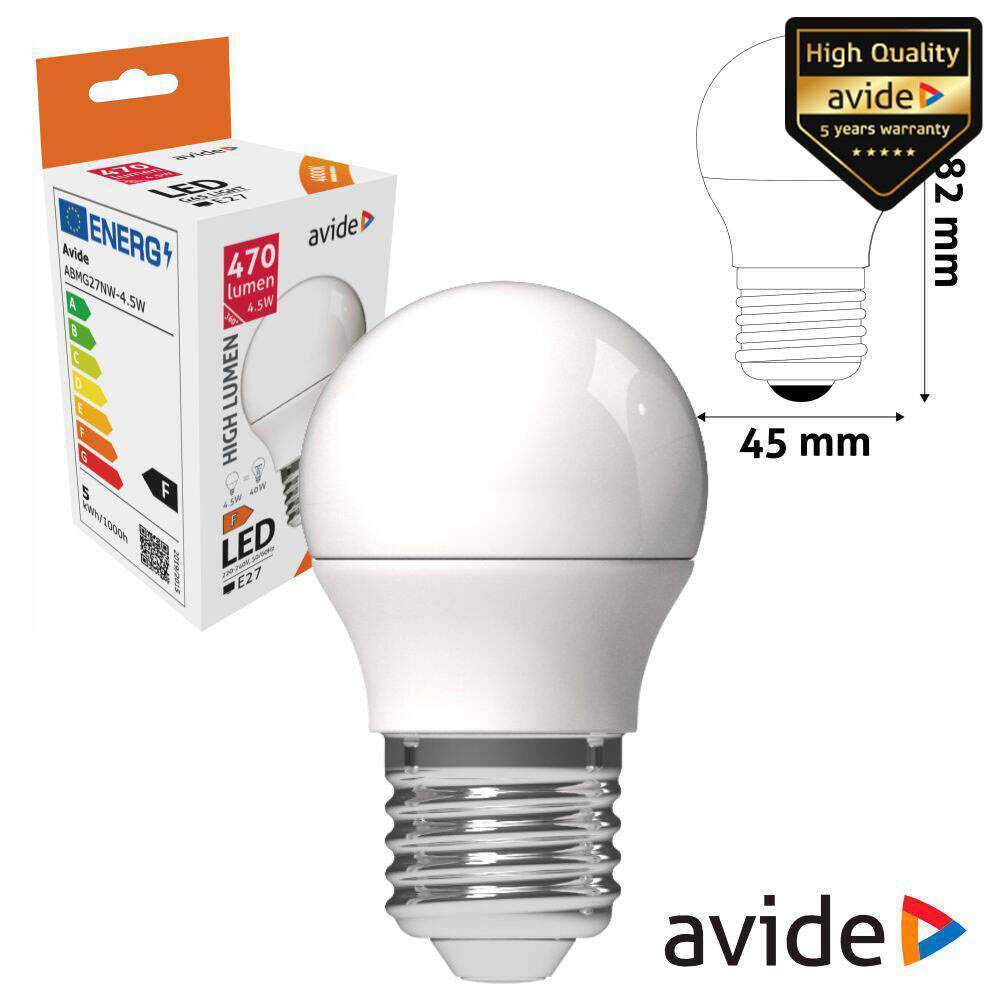 Lâmpada LED E27 Globo G45 4.5W 230V 4000K 470lm AVIDE - (ABMG27NW-4.5W)
