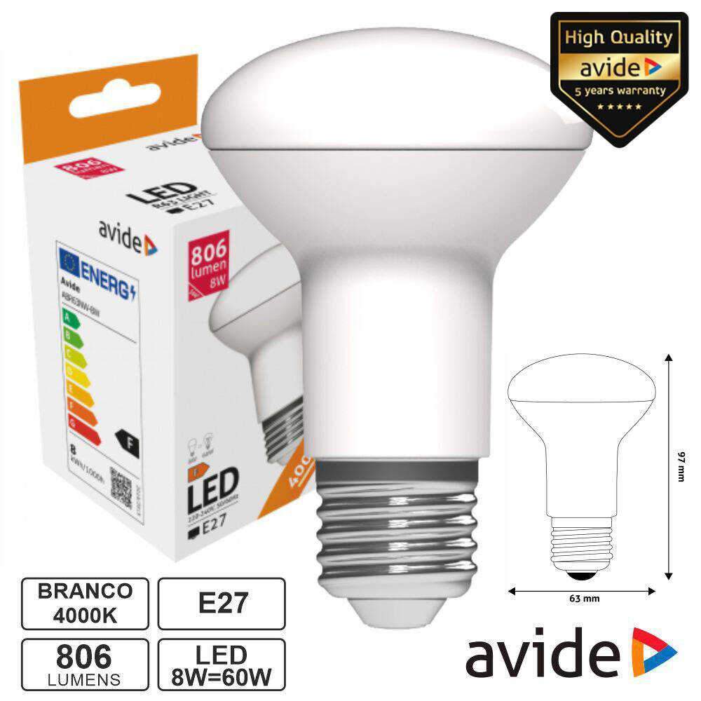 Lâmpada LED E27 R63 8W 230V 4000K 806lm AVIDE - (ABR63NW-8W)